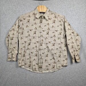 Vintage Roundtree Yorke Shirt Mens XL Beige Duck Print Plaid Long Sleeve Hunting